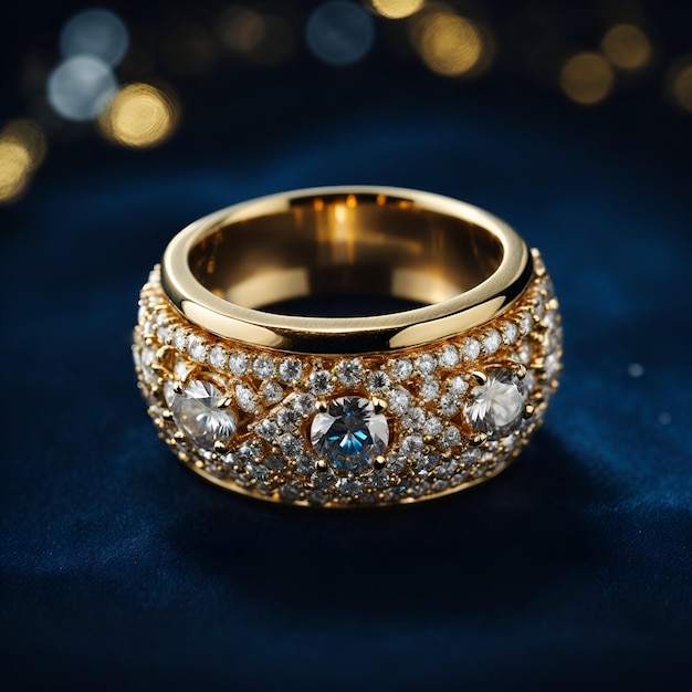 深いブルーのベルベットを背景にダイヤモンドが輝く、まばゆいばかりのゴールドのリング