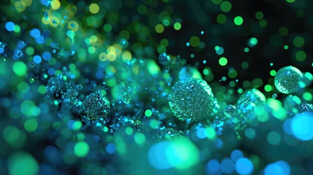 ネオン緑と青の粒子が 輝いて 活気のあるエネルギーで脈打つ