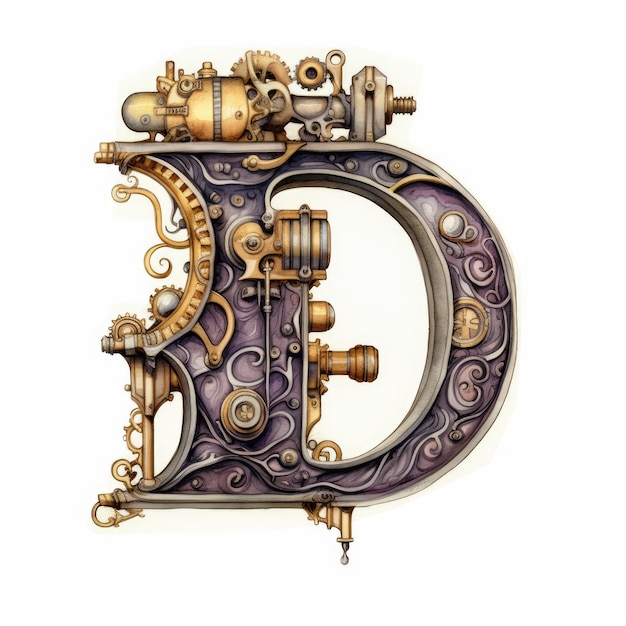 Dazzling Steampunk Letter D A Gothic Watercolor Marvel with Victorian Fantasy on a White Canvas
