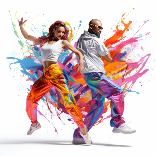 Photo dazzling street pulse vibrant white male and female dancers hypnotize with bright colors on white b