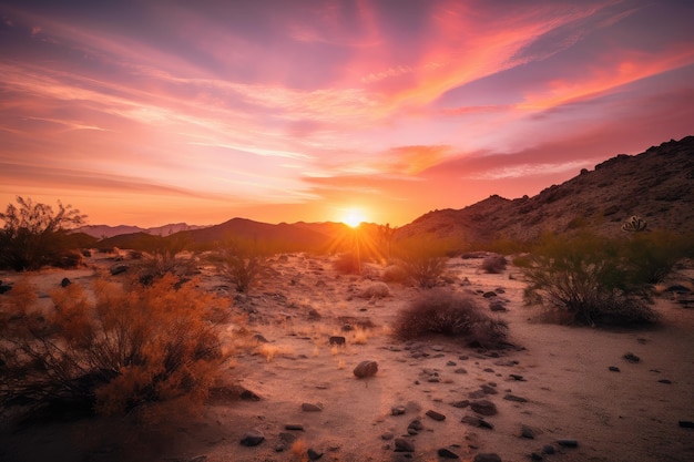 ピンクとオレンジの色合いが空に広がる砂漠の風景に輝く眩しい日の出