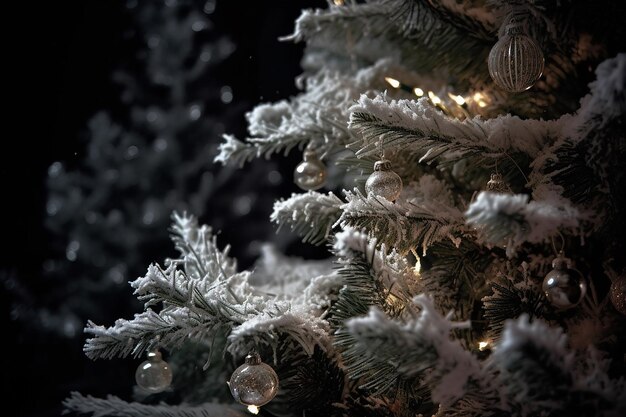 Photo a dazzlingly adorned christmas tree with snowy flakes and elegance