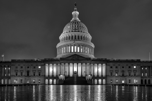 Dc capitol at night in washington usa in b&amp;w