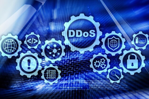 DDoS Cyber Attack Technologie Internet en Bescherming Netwerkconcept Server datacenter achtergrond
