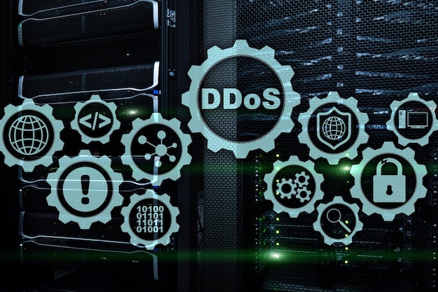 DDoS Cyber Attack Technologie Internet en Bescherming Netwerkconcept Server datacenter achtergrond