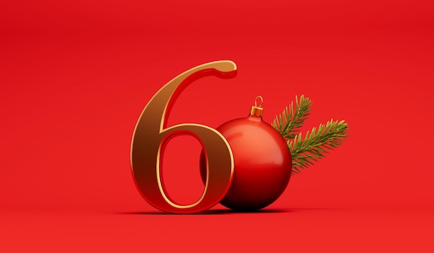 De 12 dagen van Kerstmis 6e dag feestelijke achtergrond gouden letters met bauble 3D Rendering