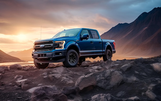 De 2019 Ford F 150 pick-up truck rijdt over rotsen in de stijl van zwart en azuur