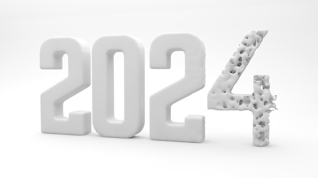 De 2024 jaar lettertype tekst 3D render Afbeelding 2024 Jaareinde concept Foto 3D weergave van 2024 nieuwe jaar tekst met een gebarsten lettertype Het jaar 2024 is op witte achtergrond