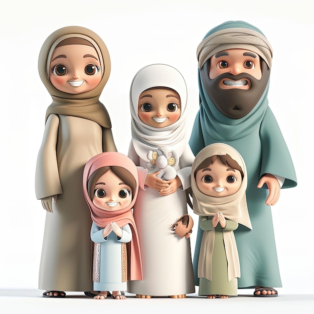 De 3D geanimeerde cartoon islamitische familie islamitische ouders moeder vader en 3 kinderen