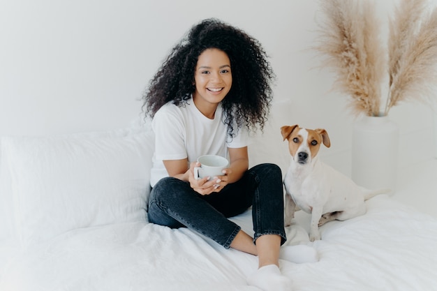 De aantrekkelijke Amerikaanse vrouw Afro drinkt aromatische hete drank van witte mok stelt op bed samen met de terriërhond van hefboomrussell