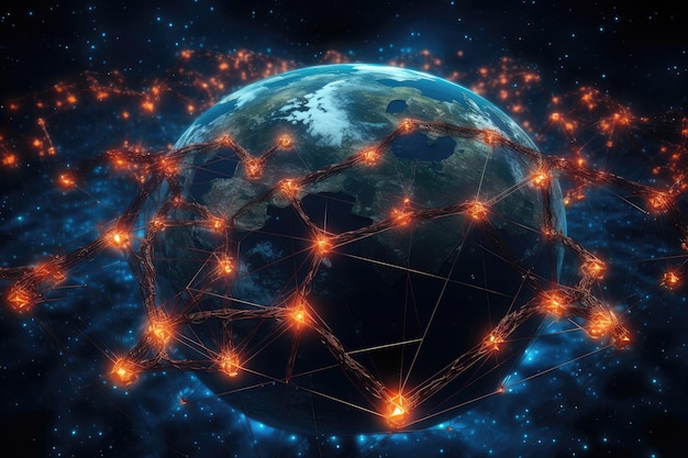 Foto de aarde is in de lucht met veel met elkaar verbonden satellieten die door ai zijn gegenereerd.