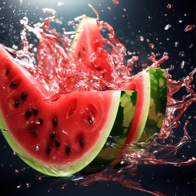 De abstracte watermeloenplakken en sap spatten achtergrond