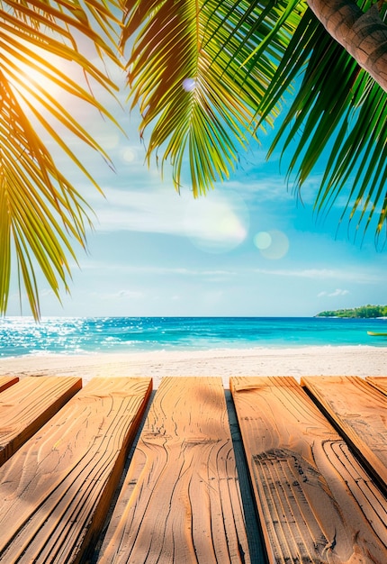 De achtergrond is de zee met groene palmbladeren en het schijnende zonlicht.