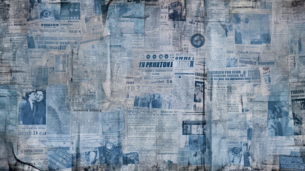 De achtergrond is oude krantenknipsels in blauwe kleur.