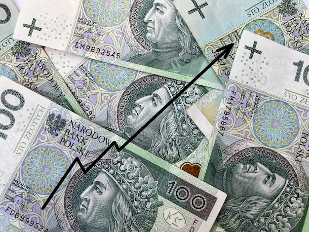 De achtergrond van bankbiljetten in honderd zloty met een groeimeter. Valuta van Polen