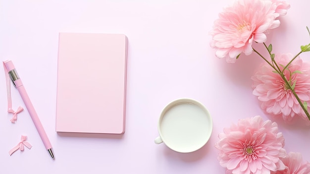De achtergrond van de notebook is roze.