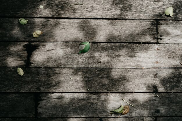 De achtergrond van een echte oude grijze houten vloer met gevallen bladeren