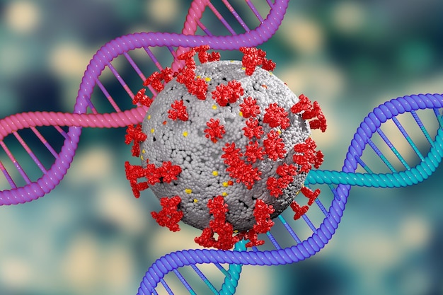 De achtergrond van het medische concept van het 3D-geïllustreerde virus Viruscel of bacteriële achtergrond COVID19-mutantvirus