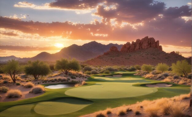 De achttiende hole op een golfbaan in Arizona bij zonsondergang