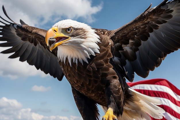 De adelaar met de Amerikaanse vlag vliegt in vrijheid