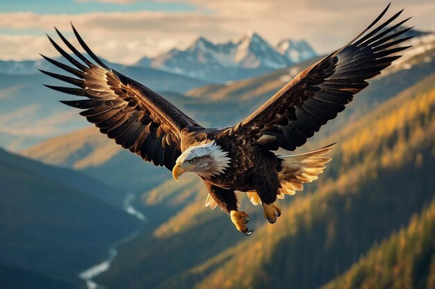 De adelaar vliegt over het berglandschap