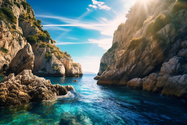 De adembenemende zeekliffen en rotsformaties van de Dalmatische kust van Kroatië zorgen voor een dramatische zomerse reisachtergrond met kristalhelder water en adembenemende uitzichten