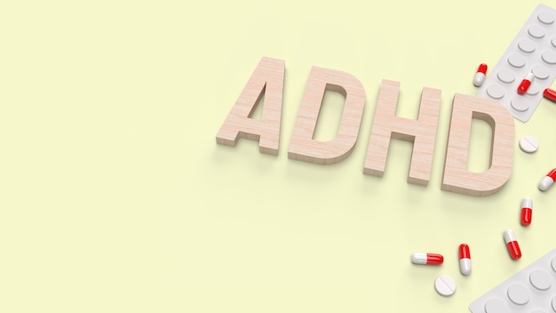 Foto de adhd-houten tekst en medicijn voor 3d-rendering van medische inhoud