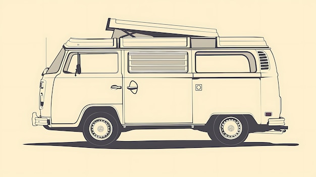 De afbeelding is een eenvoudige illustratie van een klassieke Volkswagen-bus. Het is getekend in een lijnkunststijl en is gekleurd in een lichte beige kleur.