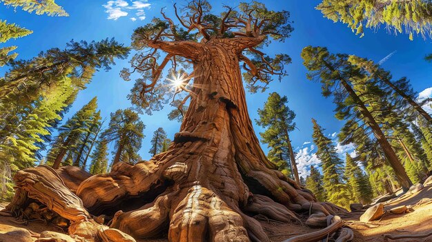 Foto de afbeelding is een foto van een gigantische sequoia boom de boom is zo hoog dat het tot aan de hemel reikt