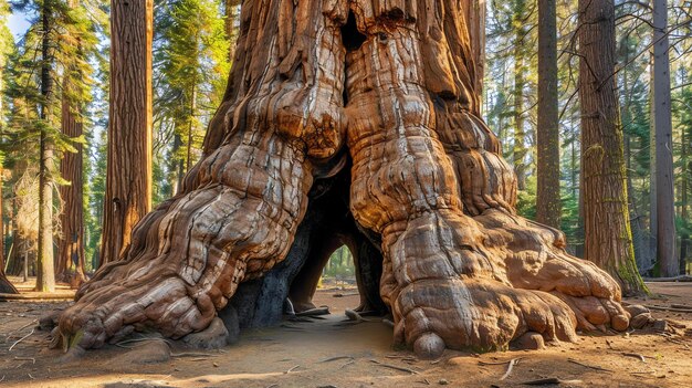 Foto de afbeelding is een foto van een gigantische sequoia boom in een bos de boom is zo groot dat het het grootste deel van het frame inneemt