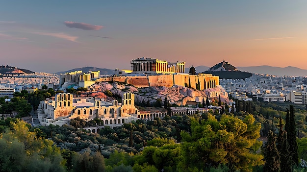 De afbeelding toont de Acropolis van Athene Griekenland De Acropolis is een oude citadel die zich op een rotsachtige heuvel in het centrum van Athene bevindt