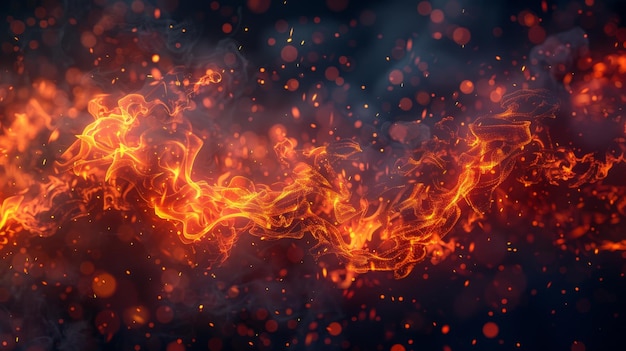 De afbeelding toont een 3D-illustratie van oranje vuurvlammen en vonken op een donkere achtergrond