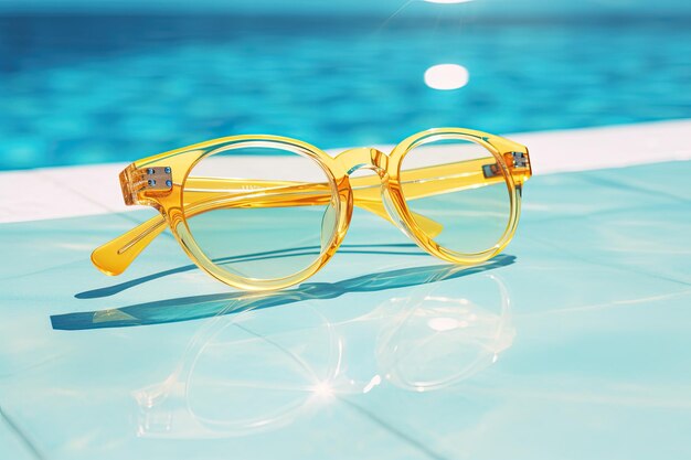 De afbeelding toont een gele bril op de witte rand van een zwembad met een achtergrond van blauwachtig water. Het vertegenwoordigt het idee van vakantie en de zomer