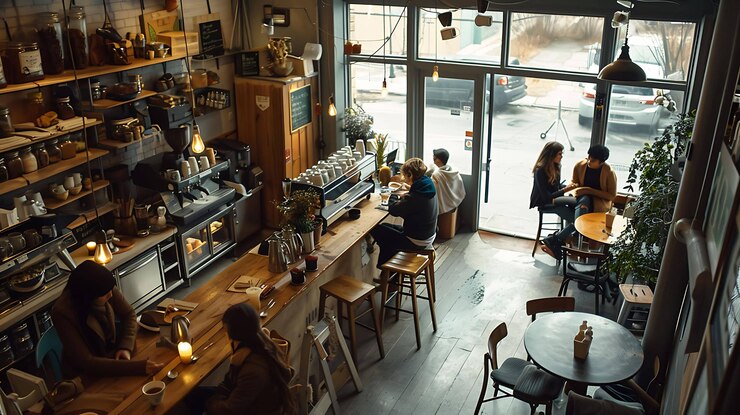 Foto de afbeelding toont een gezellige koffieshop met een warme en uitnodigende sfeer er zitten meerdere mensen aan tafels die genieten van koffie en gesprek