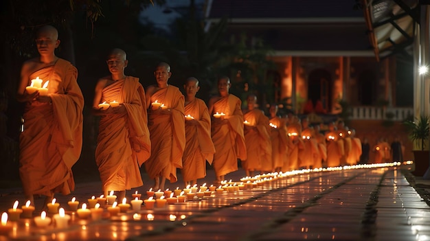 De afbeelding toont een groep boeddhistische monniken die's nachts in een rij lopen