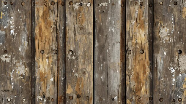 De afbeelding toont een houten hek gemaakt van verticale planken Het hout is oud en verweerd met een verscheidenheid aan kleuren en texturen