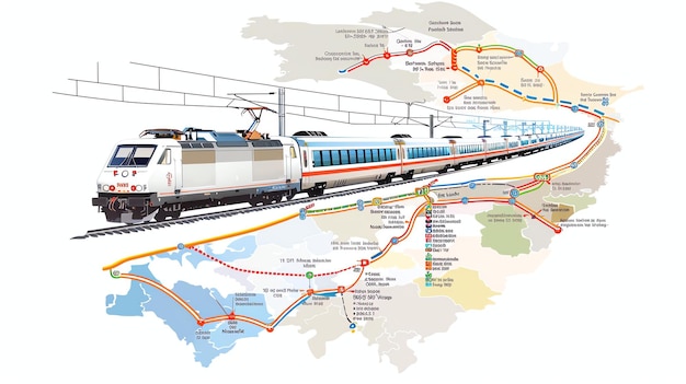Foto de afbeelding toont een kaart van een fictief hogesnelheidsspoorwegnetwerk in europa