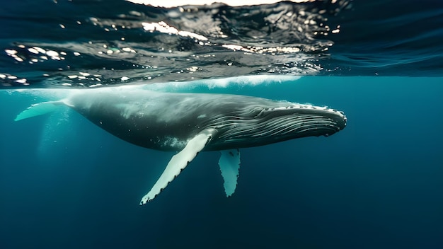 De afbeelding toont een majestueuze bultrug die onder water zwemt.