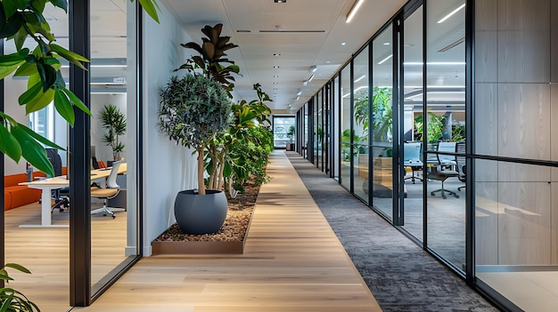 De afbeelding toont een modern kantoorinterieur met een lange gang. De gang is versierd met planten en heeft aan beide zijden glazen muren.