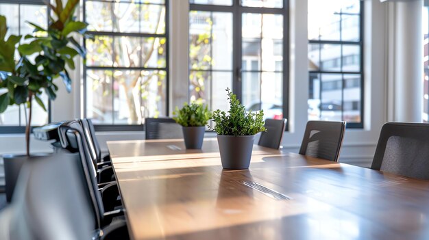 De afbeelding toont een moderne kantoor vergaderzaal met een grote houten tafel en comfortabele stoelen