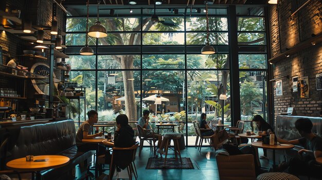 Foto de afbeelding toont een moderne koffieshop met een groot glazen raam dat uitkijkt op een drukke straat