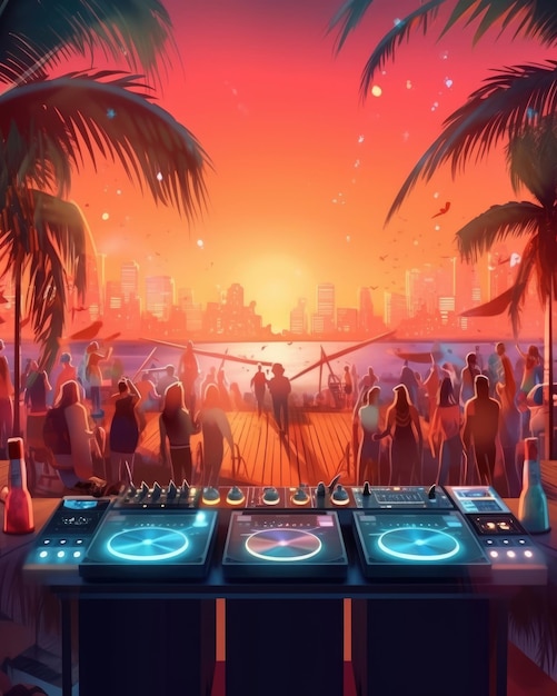 De afbeelding toont een nachtelijk strandfeest met muziek en dansende mensen Illustratie Generatieve AI