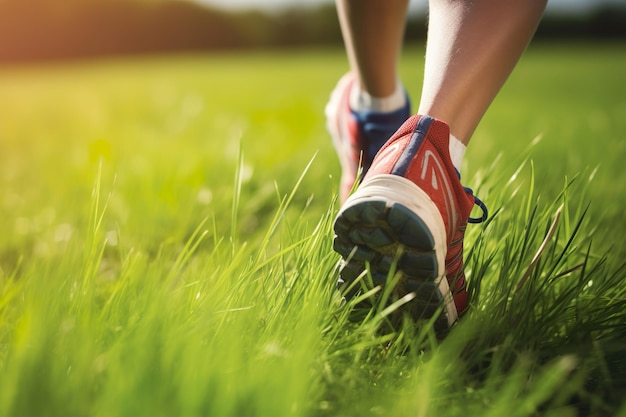 De afbeelding toont een paar atletische schoenen aan menselijke voeten terwijl ze over een grasveld rennen