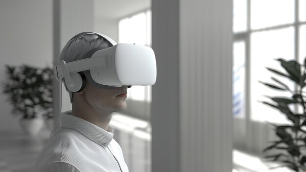 De afbeelding toont een persoon die een virtual reality headset draagt. De headset is wit en bedekt de ogen van de persoon.