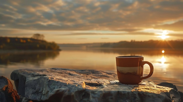 De afbeelding toont een prachtige zonsopgang over een meer de lucht brandt van kleur en het water is stil en serene