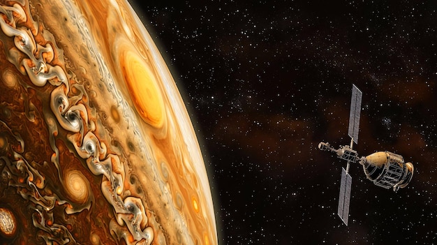 De afbeelding toont een ruimteschip in de buurt van Jupiter Jupiter is een gasreus planeet en de vijfde planeet van de zon
