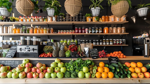 De afbeelding toont een supermarkt met een verscheidenheid aan fruit en groenten