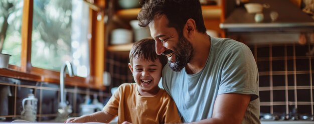 De afbeelding toont een vader en zijn jonge zoon die samen een moment delen terwijl ze thuis afwas en afdrogen. Beiden worden gefotografeerd glimlachend en casual gekleed en tonen een hartverwarmende familie scène.