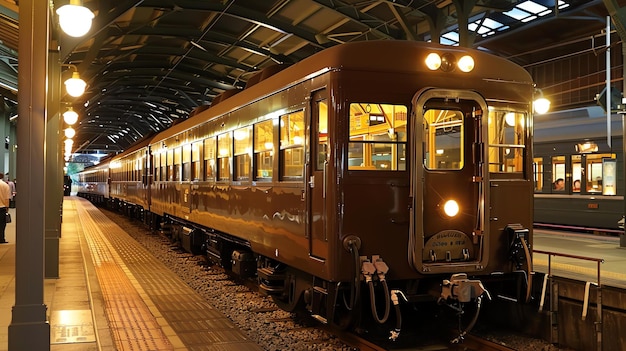 De afbeelding toont een vintage trein op een station. De trein is bruin en heeft een witte streep langs de zijkant.