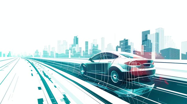 De afbeelding toont een zelfrijdende auto op een futuristische weg met een stadsbeeld op de achtergrond
